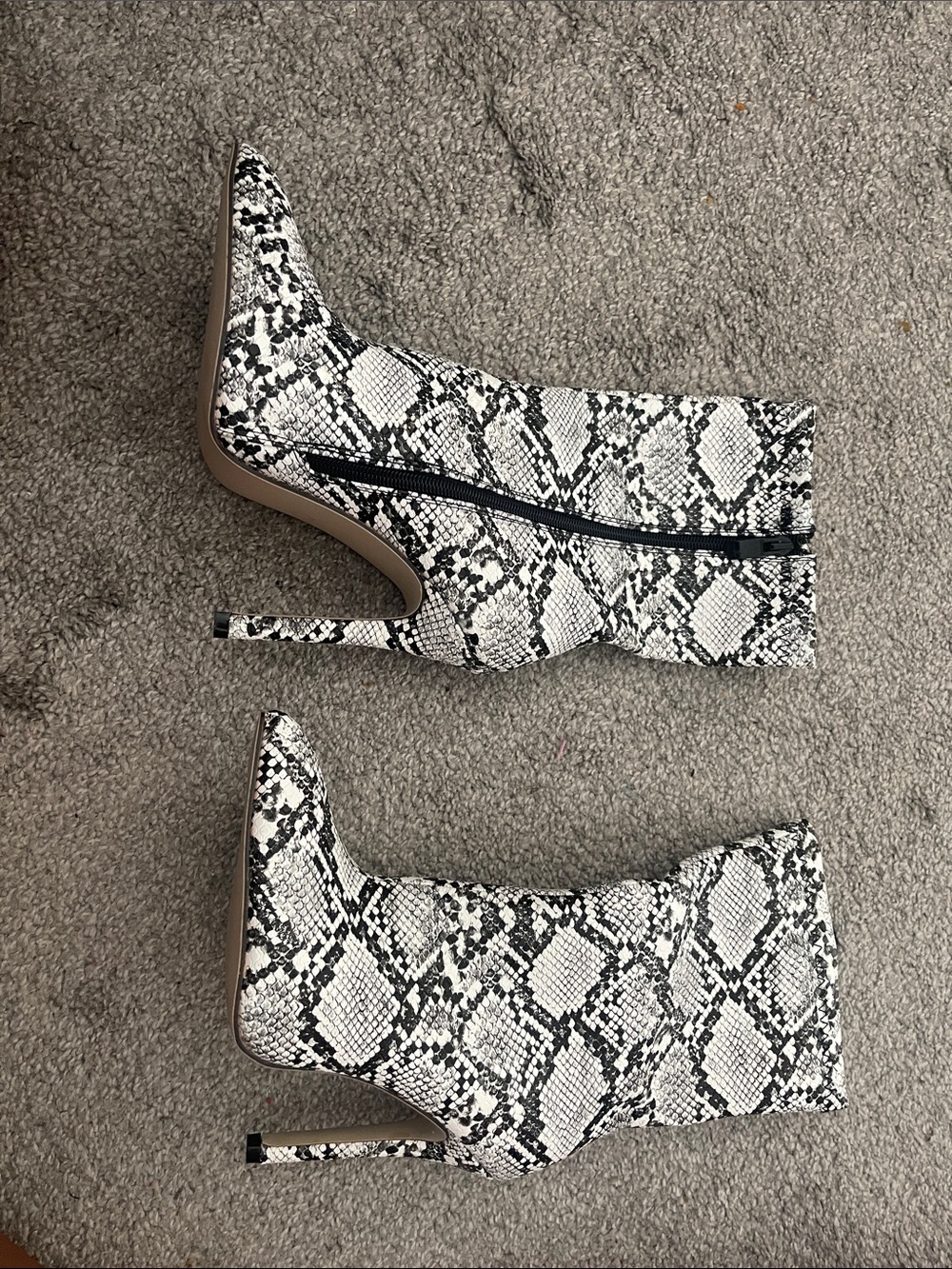 Snake-Print Stiletto Ankle Boots in Black & White